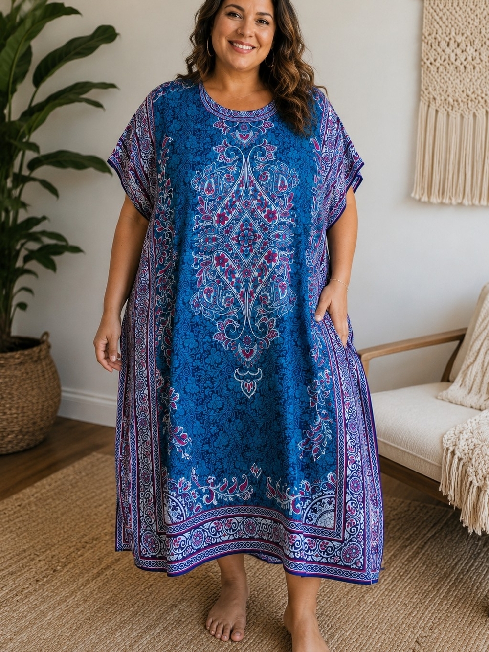 Plus-Size Blue Paisley Swim Cover-Up Caftan